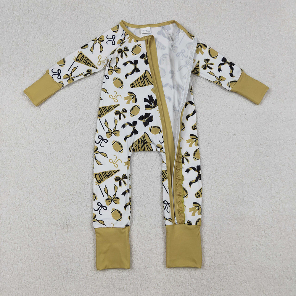 RTS NO MOQ (In stock)LR2515 Baby Girls Winter Rompers Golden Bows Footballs Ruffle Zipper Team Rompers