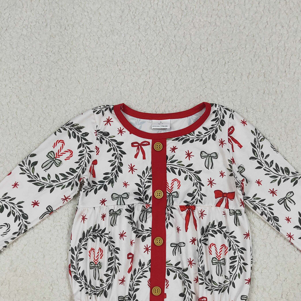 RTS NO MOQ (In stock)LR2252 Baby Girls Winter Rompers Baby Girls Christmas Red Green Bows Button Ruffle Rompers