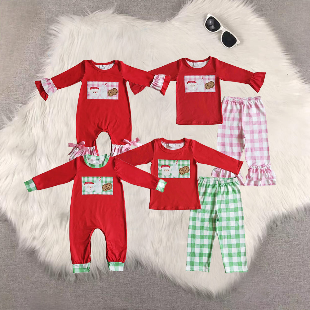 8.21 RTS Sibling Baby Boys Girls Santa milk biscuit shirt plaid ruffle pants girls Christmas clothes rompers