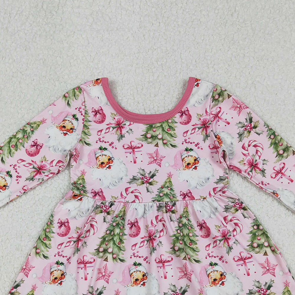 9.30 RTS NO MOQ (In stock)GLD1252 Baby Girls Winter Dress Baby Girls Santa Candy Cane Christmas Trees Ruffle Knee Length Dresses