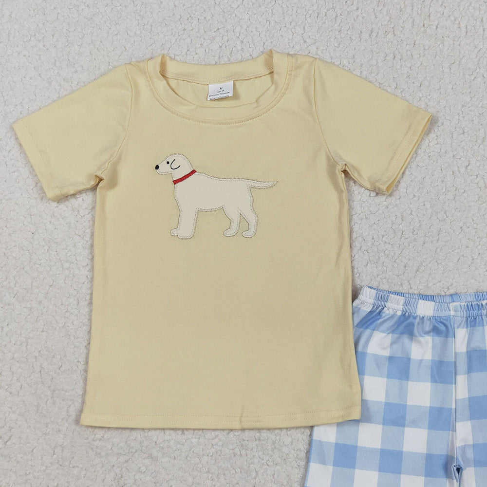 BSSO1058RTS NO MOQ Baby Boys Summer Boys Outfits Baby Boys Yellow Dog Top Checkered Shorts Clothes Sets Preorder