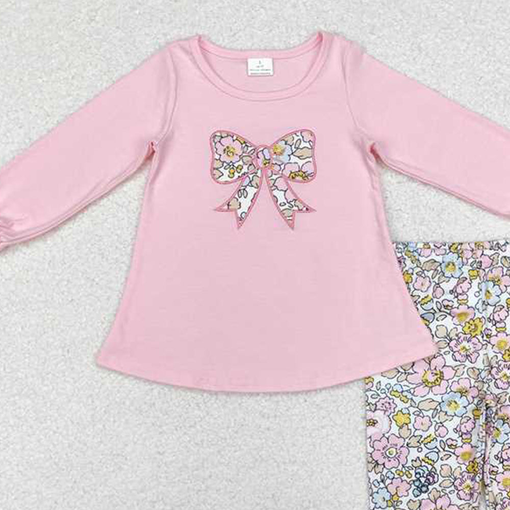 4.14 GLP1836 RTS NO MOQ Pink bow tunic floral ruffle pants girls clothing set