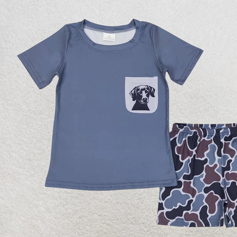 USA Shop (in stock) BSSO0304 Baby Boys Summer Boys Outfits Baby Boys Hot Blue Short Sleeves Dog Pocket Top Camo Short Western Set