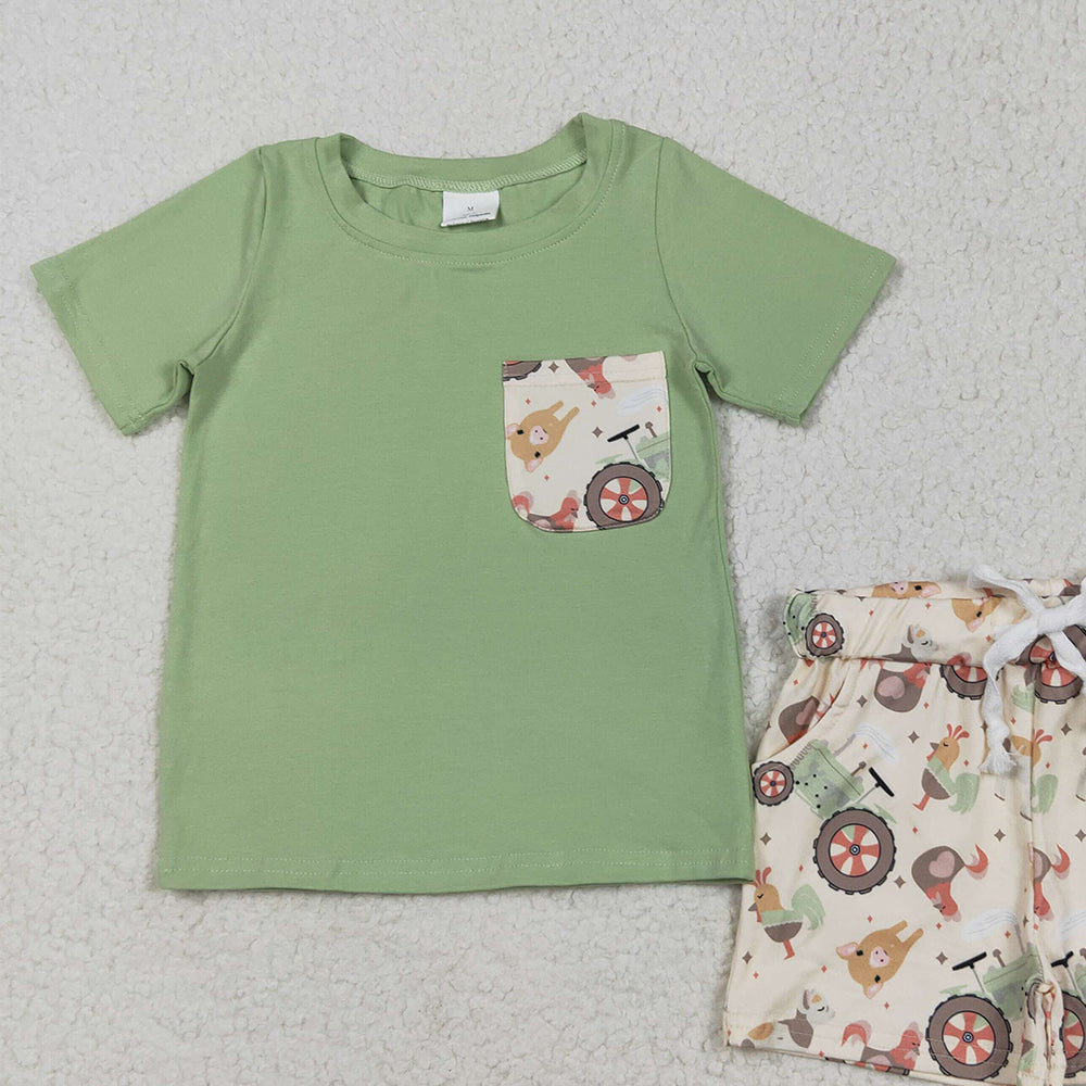 7.14 BSSO1460RTS NO MOQ Baby Boys Summer Boys Outfits Baby Boys Pocket Top Chicks Pigs Short Farm Set