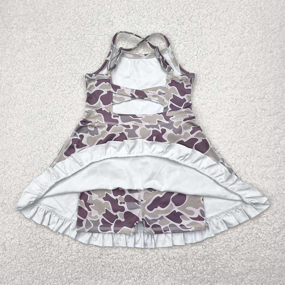 6.16 GSD2312 RTS NO MOQ Baby Girls Summer Yoga Dress Baby Girls Strap Purple Camo Yoga Ruffle Knee Length Dresses