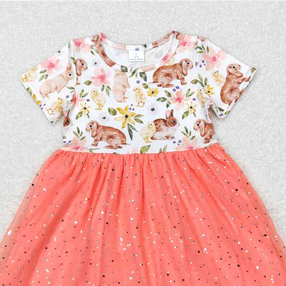 6.11 GSD2445 RTS NO MOQ Baby Girls Summer Dress Short sleeves rabbit floral girls easter tulle dress