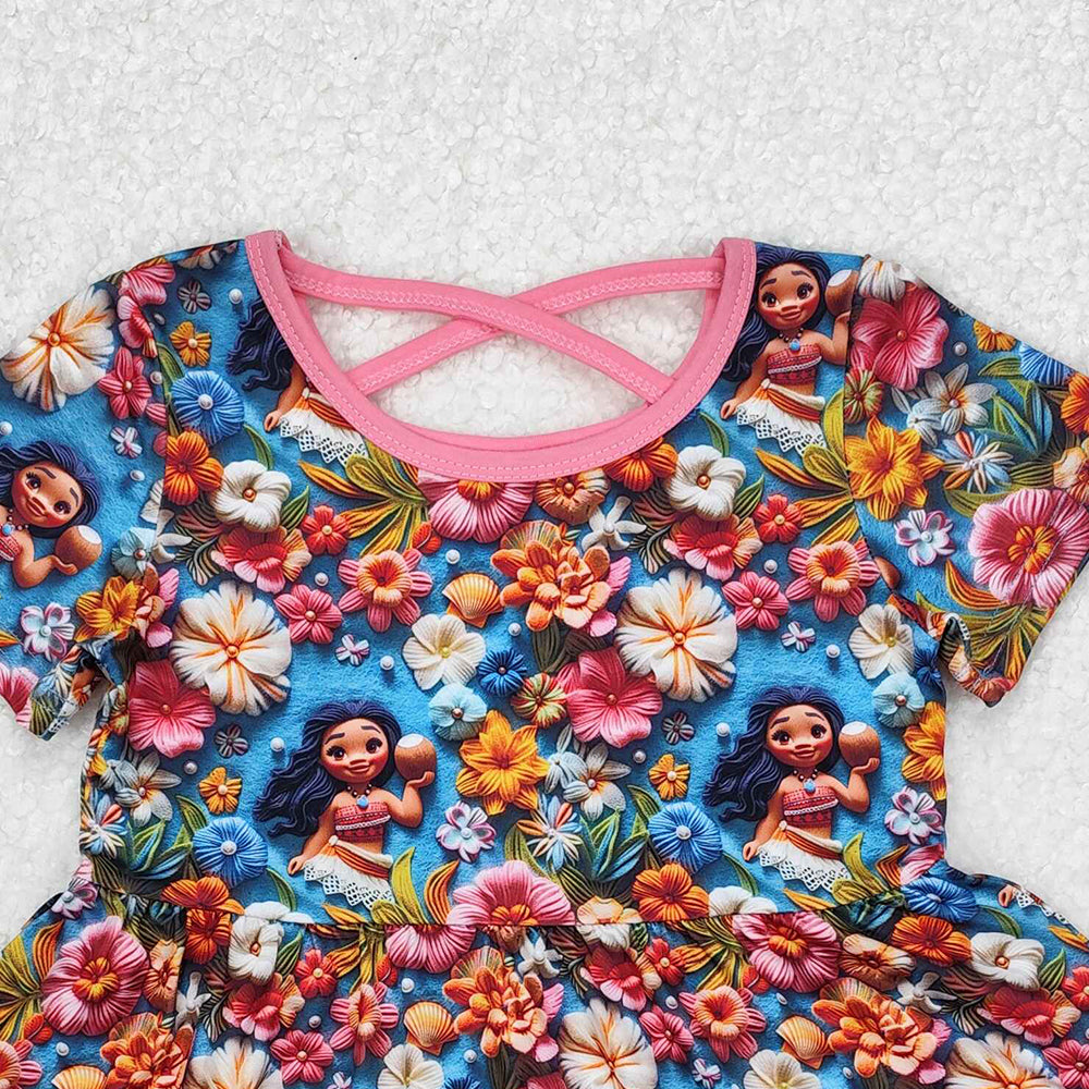 GSD1785Blue Floral Princess Baby Girls Dress Short Sleeves Cute Children's Clothing for Little Girls