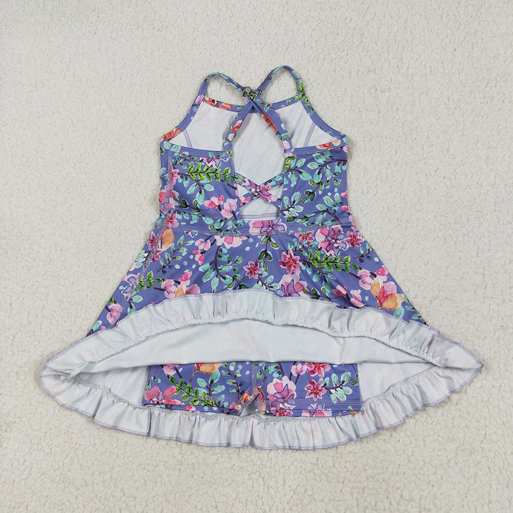 6.03 GSD2279 RTS NO MOQ Baby Girls Summer Yoga Dress Baby Girls Purple Strap Floral Yoga Ruffle Knee Length Dresses