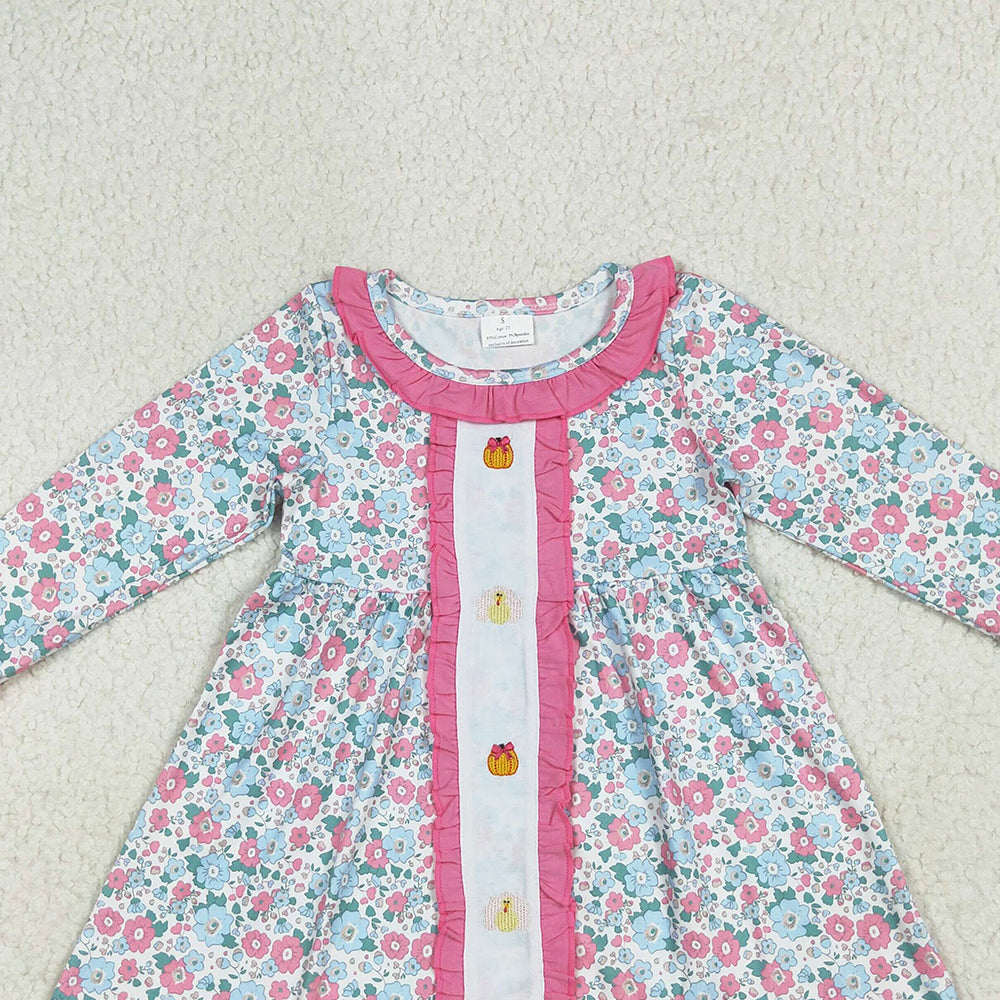 7.10 GLD1053 RTS NO MOQ Baby Girls Dress Embroidery Baby Girls Long Ruffle Sleeves Floral Turkey Pumpkins Knee Length Dresses