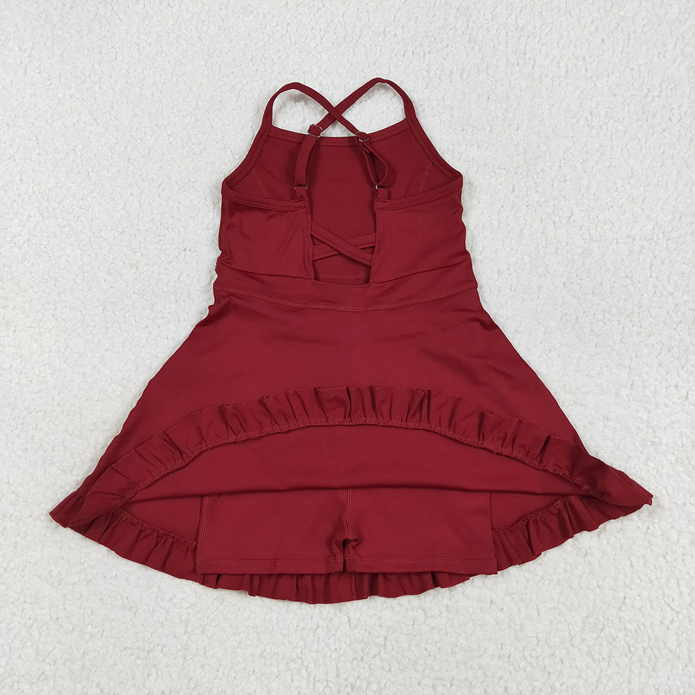 USA Shop (in stock)S0568 Baby Girls Summer Yoga Dress Baby Girls Dark Red Strap Shorts Yoga Knee Length Athletic Dresses