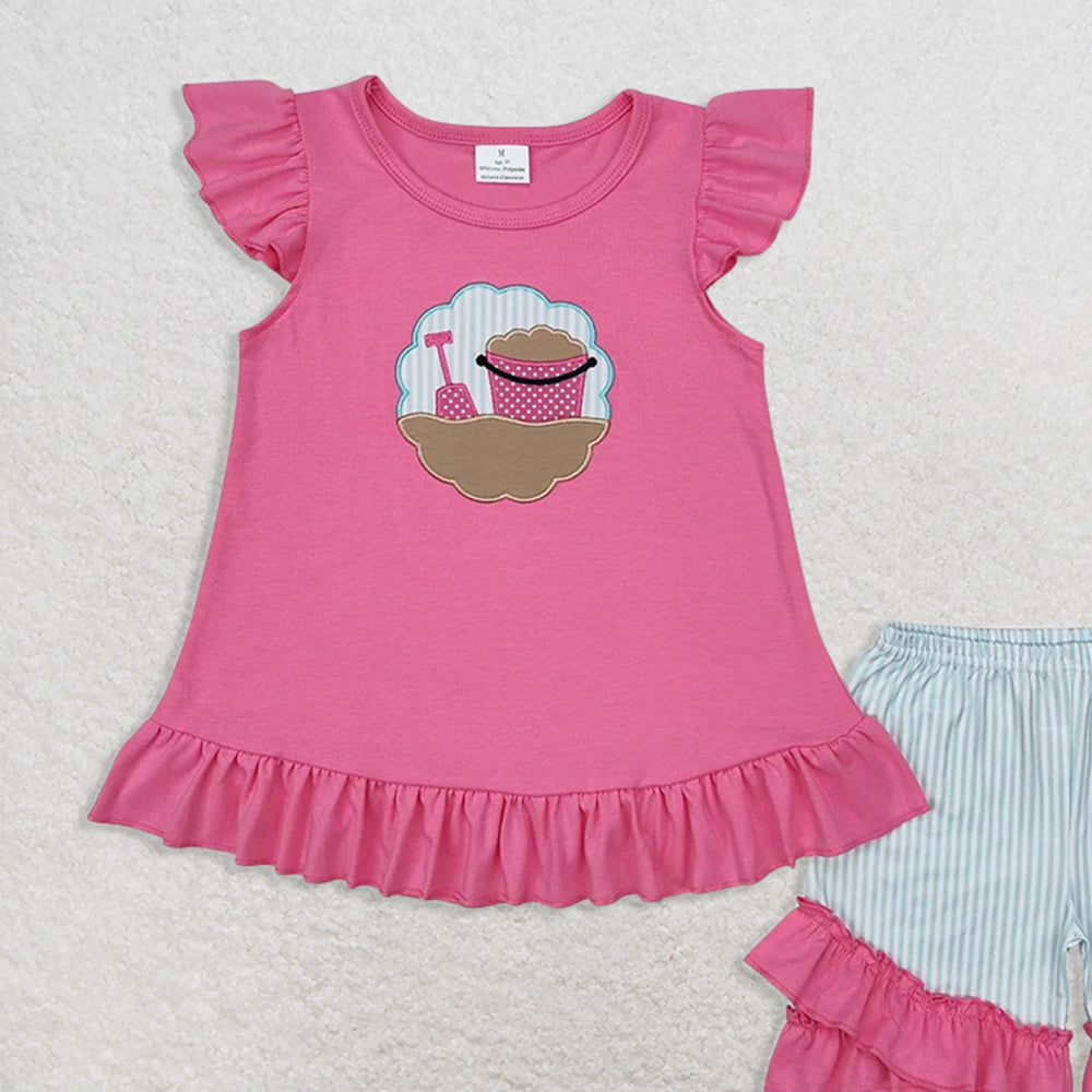 GSSO1785RTS NO MOQ Baby Girls Summer Outfits Baby Girls Pink Beach Tunic Ruffle Shorts Clothes Sets