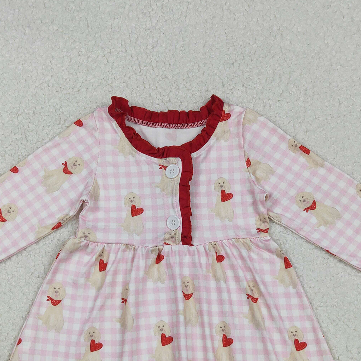 10.21 RTS NO MOQ (In stock)GLD1322 Baby Girls Winter Dress Baby Girls Pink Checked Dogs Hearts Button Ruffle Valentine Knee Length Dress