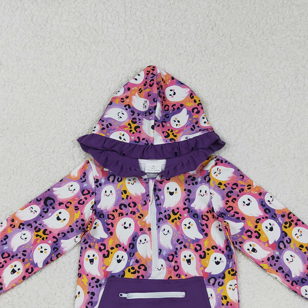 RTS NO MOQ (In stock)GT1155 Baby Girls Long Sleeve Tops Leopard Ghost Halloween Zipper Hoodie - Pocket Detail Top for Halloween