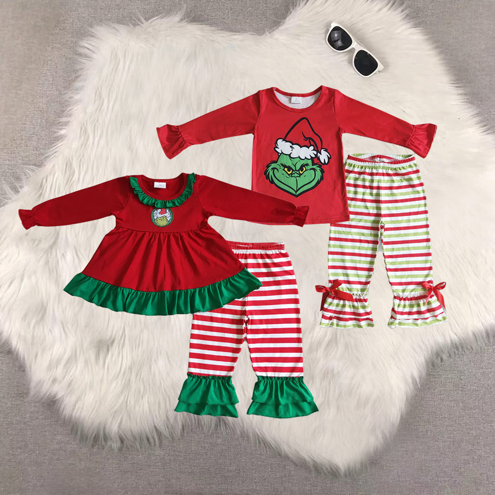 8.23 RTS Sibling Baby Green face shirt stripe ruffle pants kids Christmas clothing