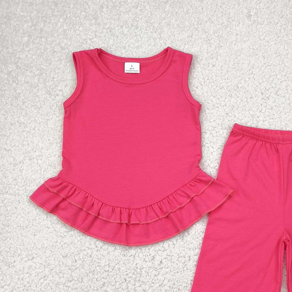 GSPO2009RTS NO MOQ Baby Girls Spring Outfits Kids Girls Hot Pink Sleeveless Ruffle Top Pants Set - Elegant Casual Outfit for Young Fashionistas