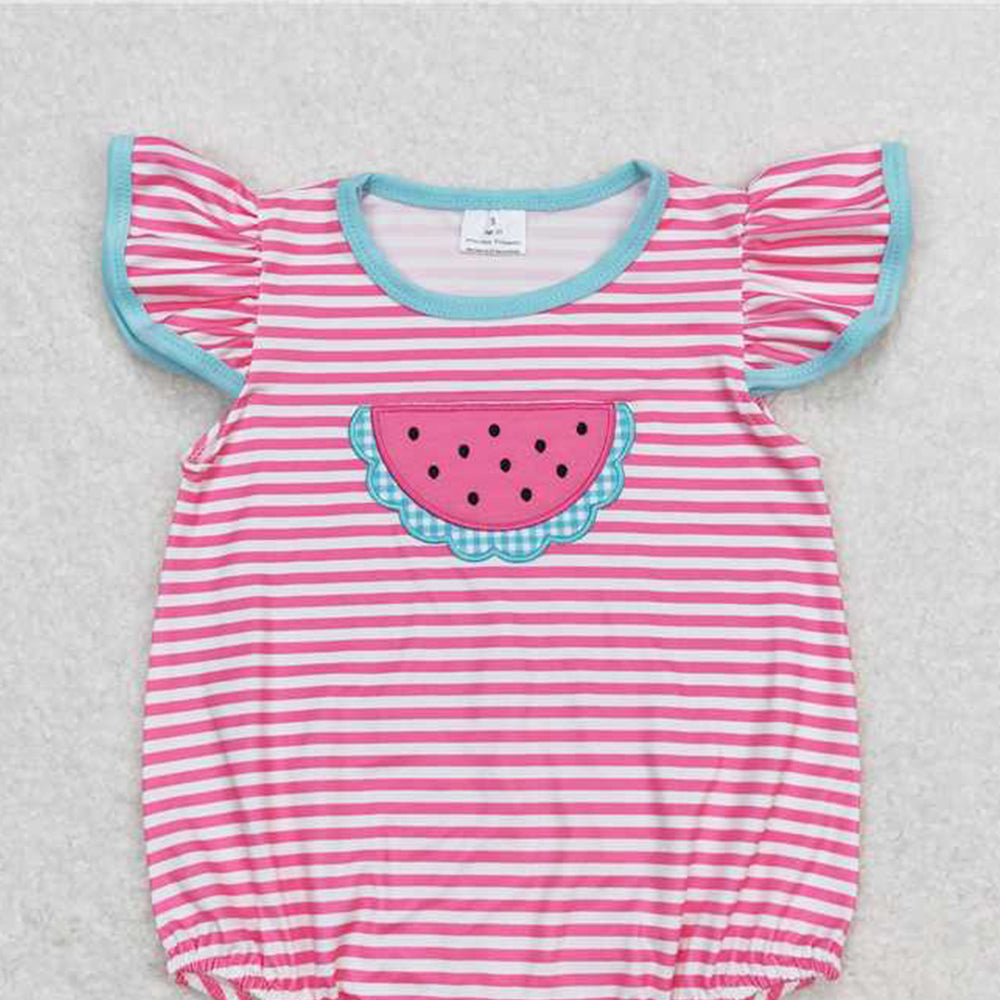 6.09 SR1268 RTS NO MOQ Baby Girls Summer Romper Flutter sleeves stripe watermelon baby girls summer romper