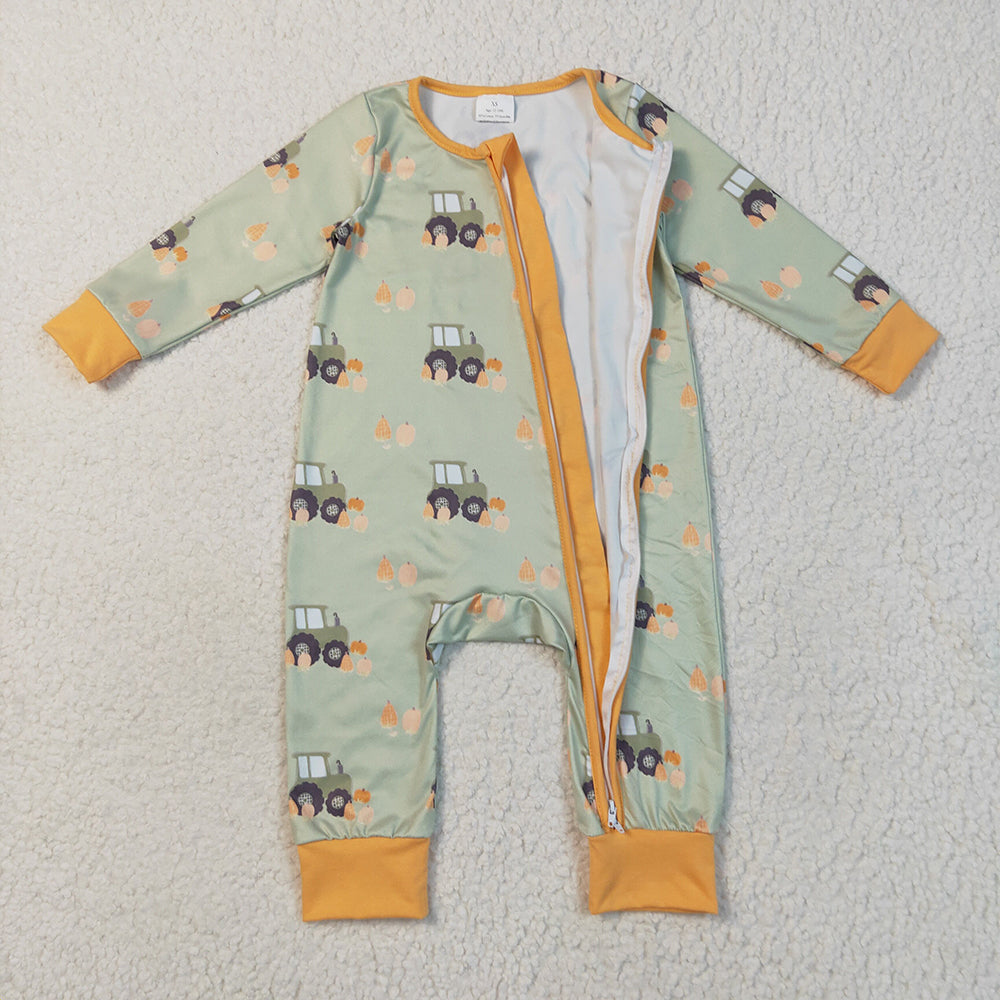 RTS NO MOQ (In stock)LR2335 Baby Boys Winter Rompers Baby Boys Green Long Sleeves Pumpkins Trucks Zipper Rompers