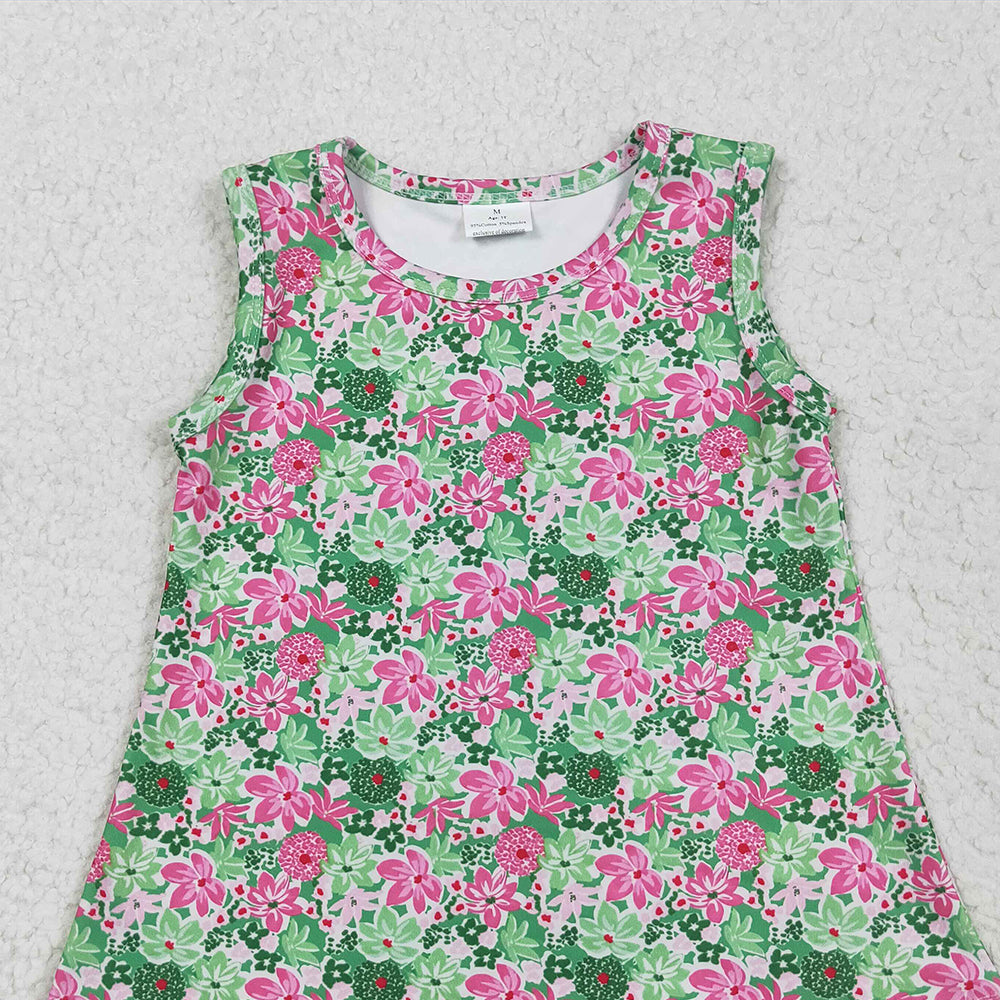 GT1015RTS NO MOQ Baby Girls Summer Yoga Tops Baby Girls Sleeveless Green Pink Floral Yoga Shirts Top