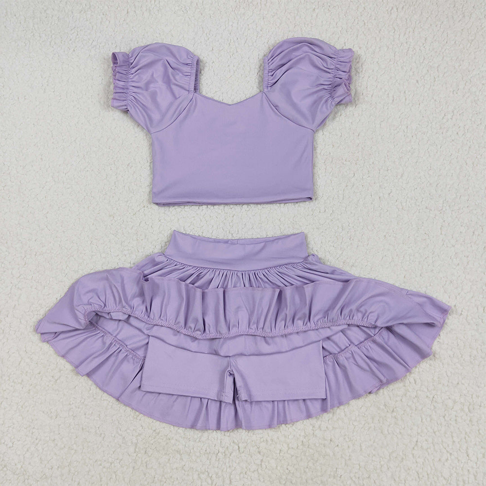 6.20 GSD2099RTS NO MOQ Baby Girls Yoga Outfits Baby Girls Lavender Short Ruffle Sleeves Top Skirt Yoga Set