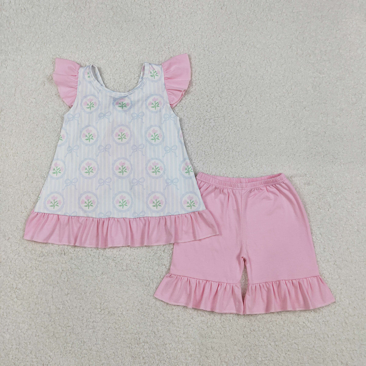 12.6 RTS NO MOQ (In stock)GSSO2732 Baby Girls Flowers Stripe Back Bows Tunic Ruffle Shorts Clothes Sets