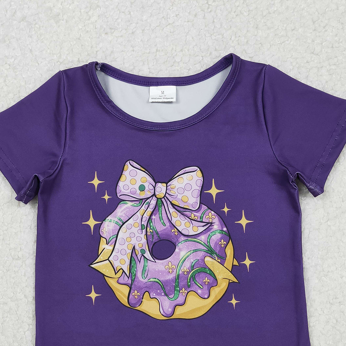 10.23 RTS NO MOQ (In stock)GT1252 Baby Girls Summer Tops Baby Girls Purple Short Sleeve Bow Donuts Mardigras Tee Shirts Top