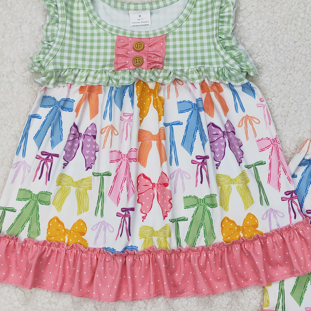 4.17 GSSO2089 RTS NO MOQ Colorful bow pattern polka dot lace green plaid sleeveless shorts set