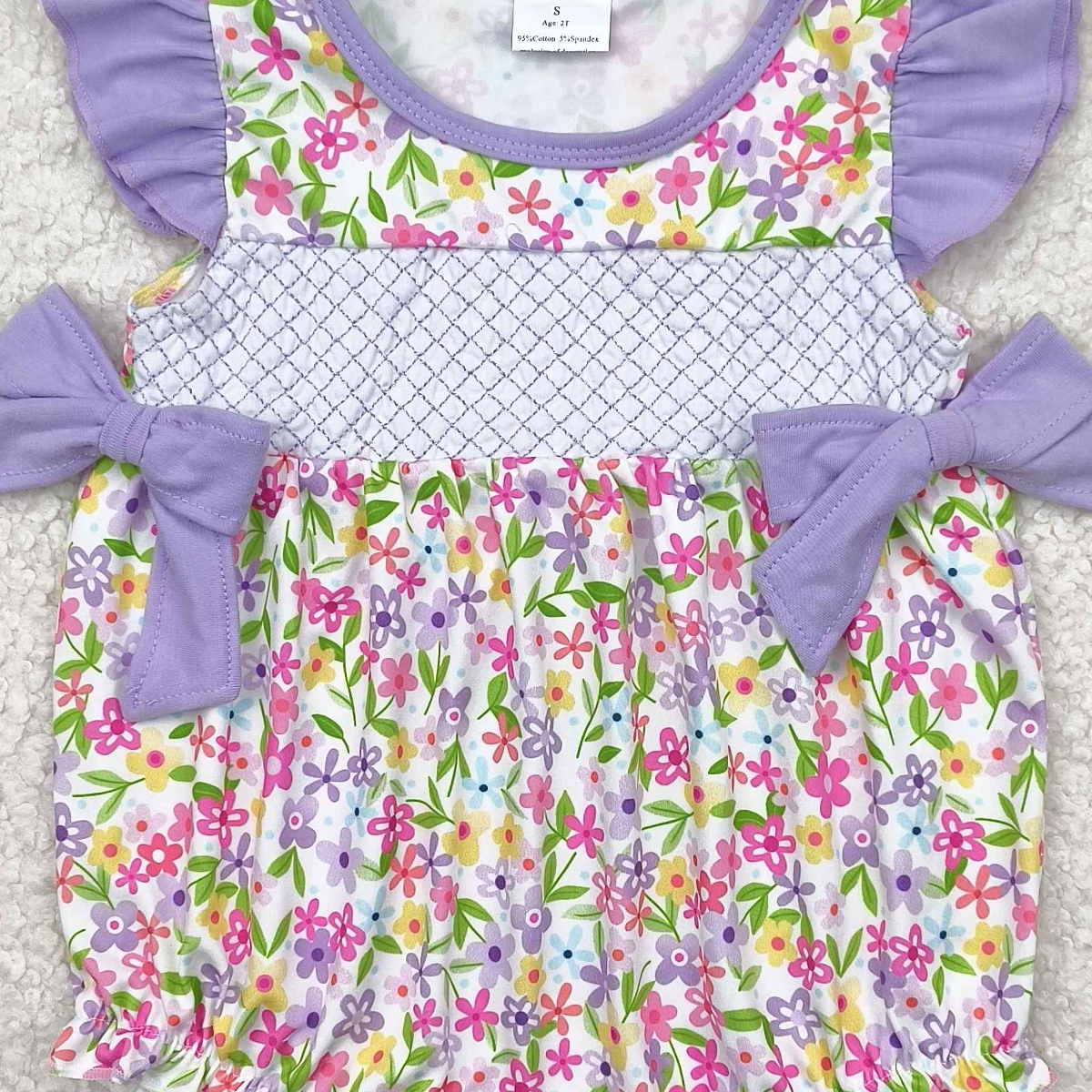 4.23 SR2928 RTS NO MOQ Baby Girls Summer Rompers Embroidery Baby Infant Girls Lavender Flutter Sleeves Floral Bows Top Ruffle Rompers