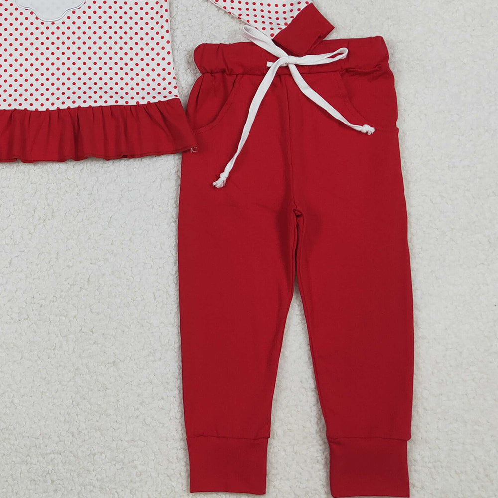 10.10 RTS NO MOQ (In stock)GLP2708 Embroidery Santa Baby Girls Polka Dots Ruffle Top Pockets Leggings Christmas Clothes Set
