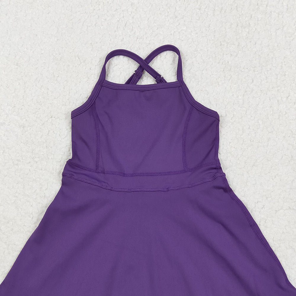 USA Shop (in stock) S0554RTS NO MOQ Baby Girls Summer Yoga Dress Purple straps ruffle baby girls summer active wear