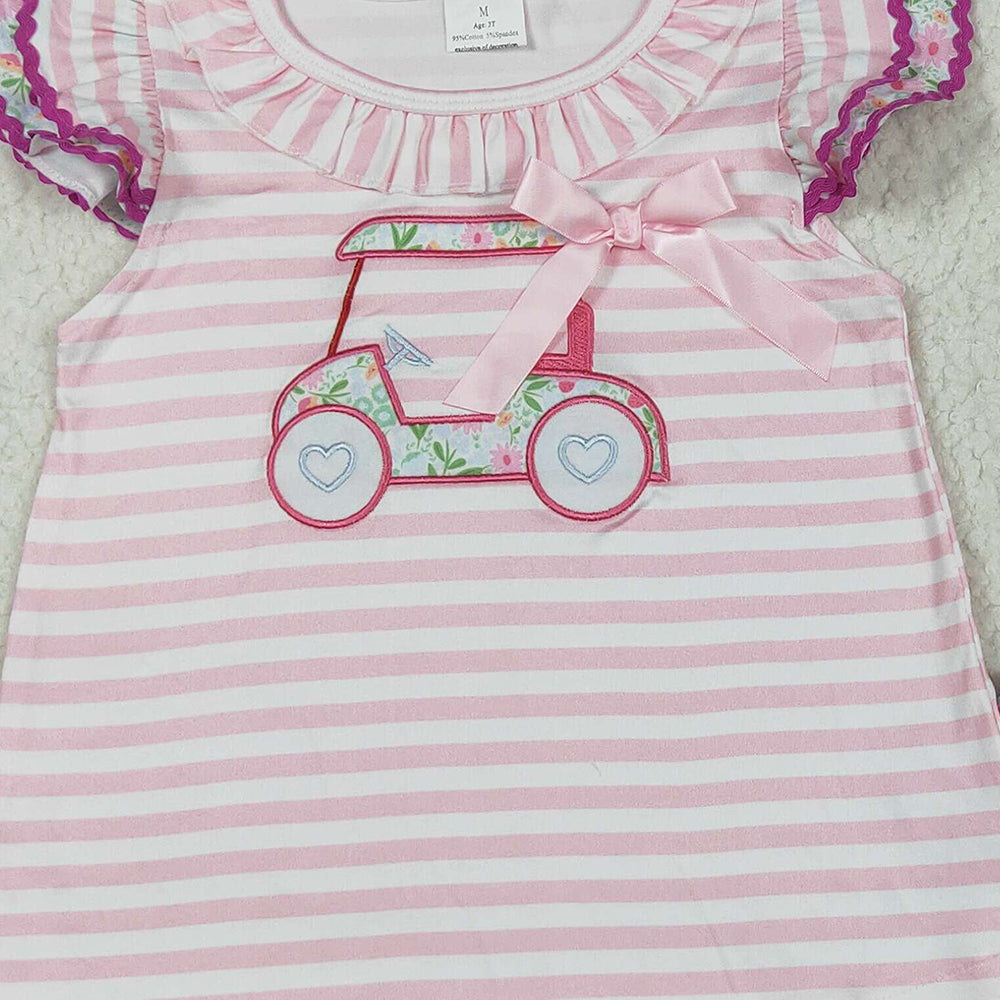 RTS NO MOQ (In stock)GSSO2633 Baby Girls Summer Outfits Embroidery Baby Girls Flutter Sleeves Floral Golf Truck Tunic Ruffle Short Set