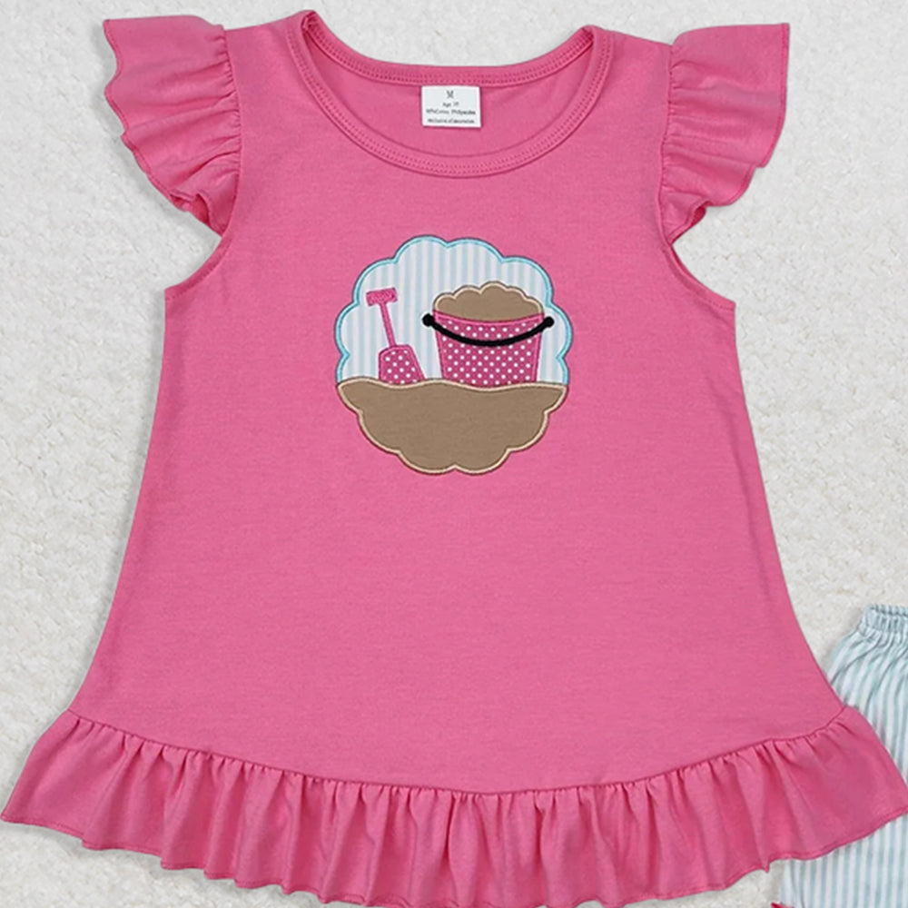 GSSO1785RTS NO MOQ Baby Girls Summer Outfits Baby Girls Pink Beach Tunic Ruffle Shorts Clothes Sets