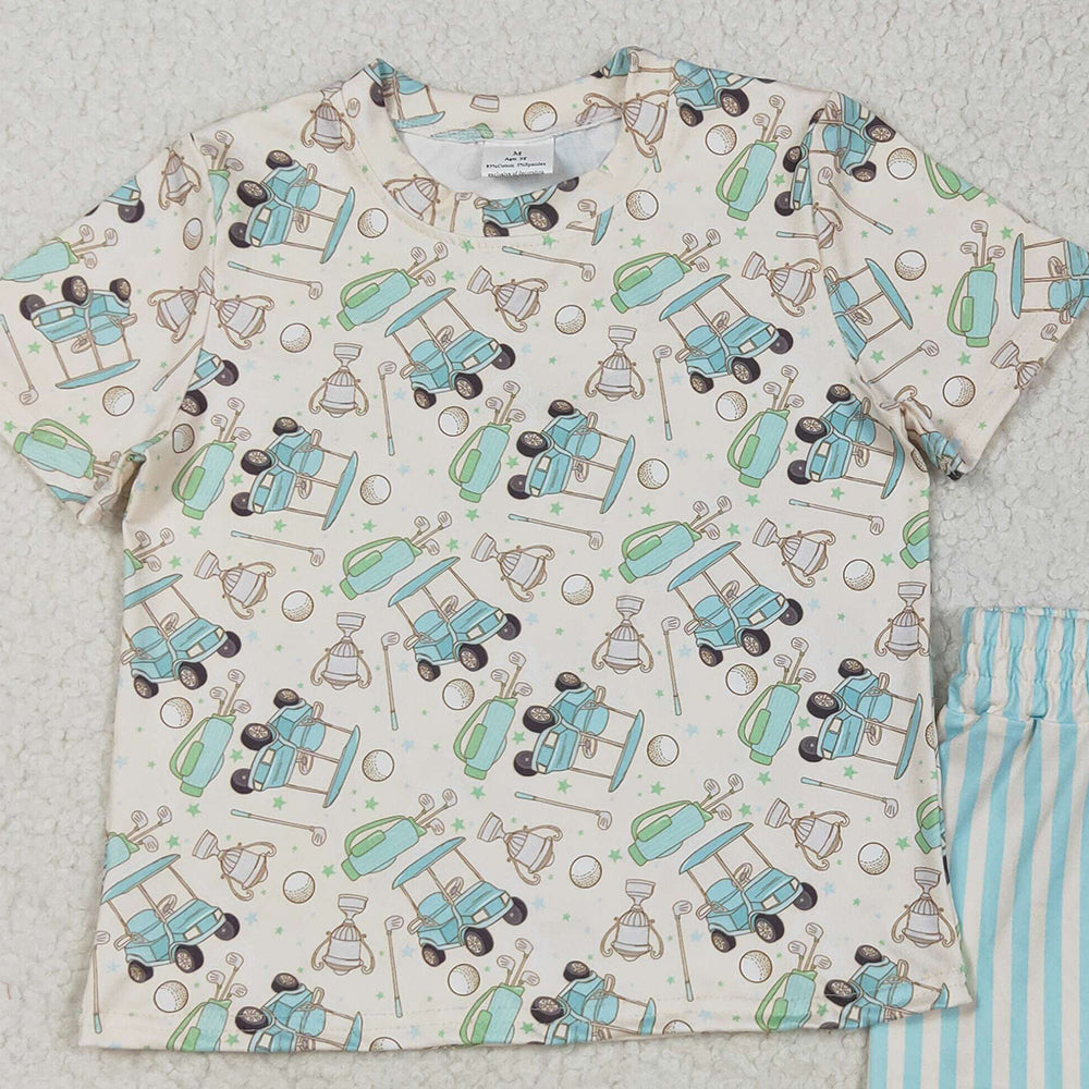 GSSO2614 RTS NO MOQ Baby Girls Summer Outfits Baby Girls Short Sleeves Golf Top Blue Stripes Short Pajamas Set