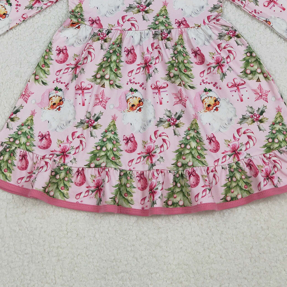 9.30 RTS NO MOQ (In stock)GLD1252 Baby Girls Winter Dress Baby Girls Santa Candy Cane Christmas Trees Ruffle Knee Length Dresses