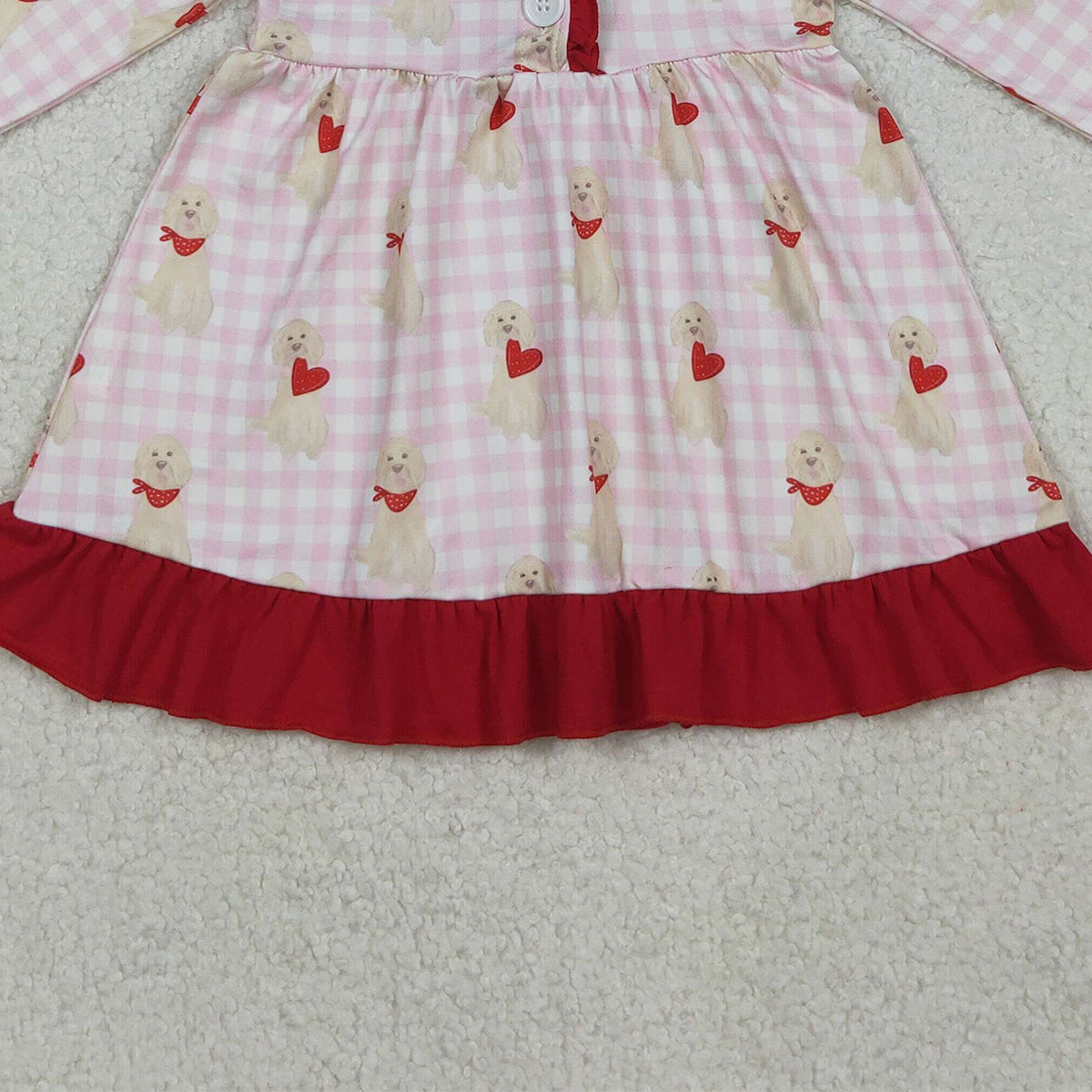 10.21 RTS NO MOQ (In stock)GLD1322 Baby Girls Winter Dress Baby Girls Pink Checked Dogs Hearts Button Ruffle Valentine Knee Length Dress