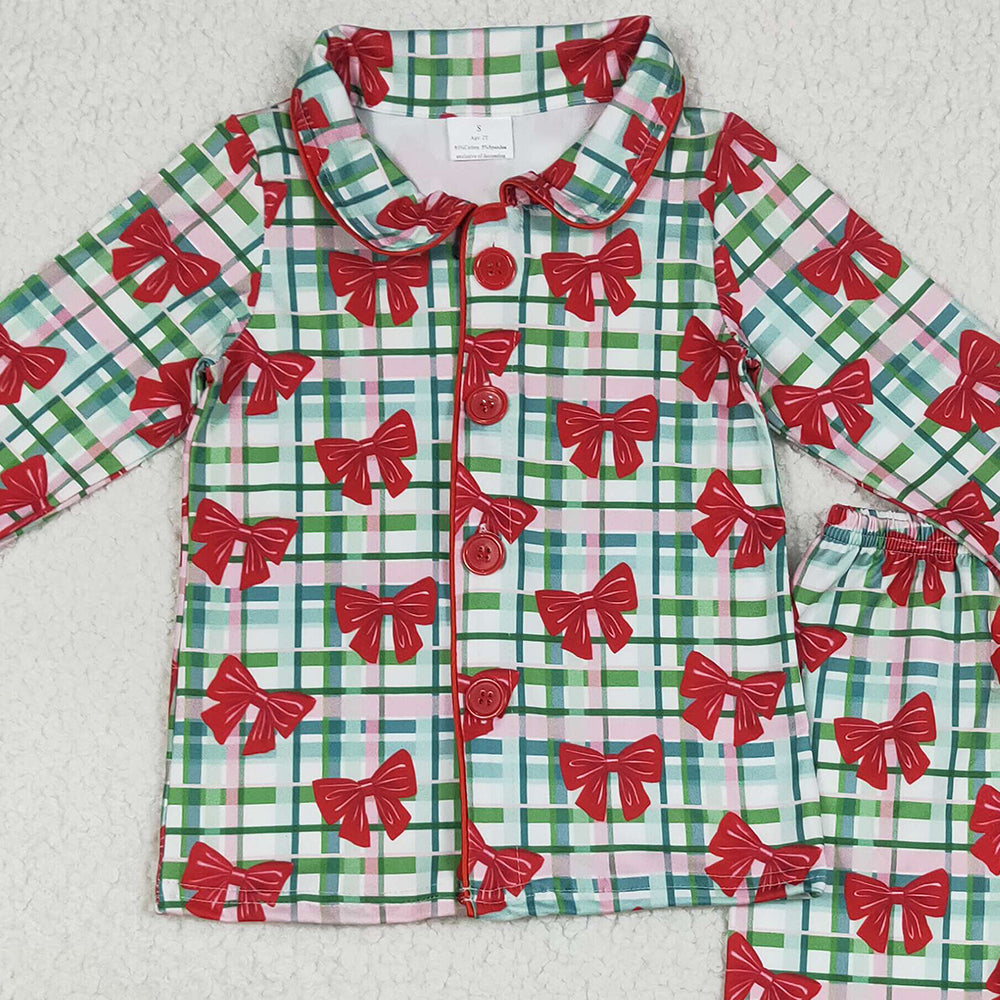8.18 RTS NO MOQ (In stock) GLP2372 Baby Girls Winter Outfits Baby Girls Red Long Sleeves With Fur Bows Plaid Button Top Pants Pajamas Set
