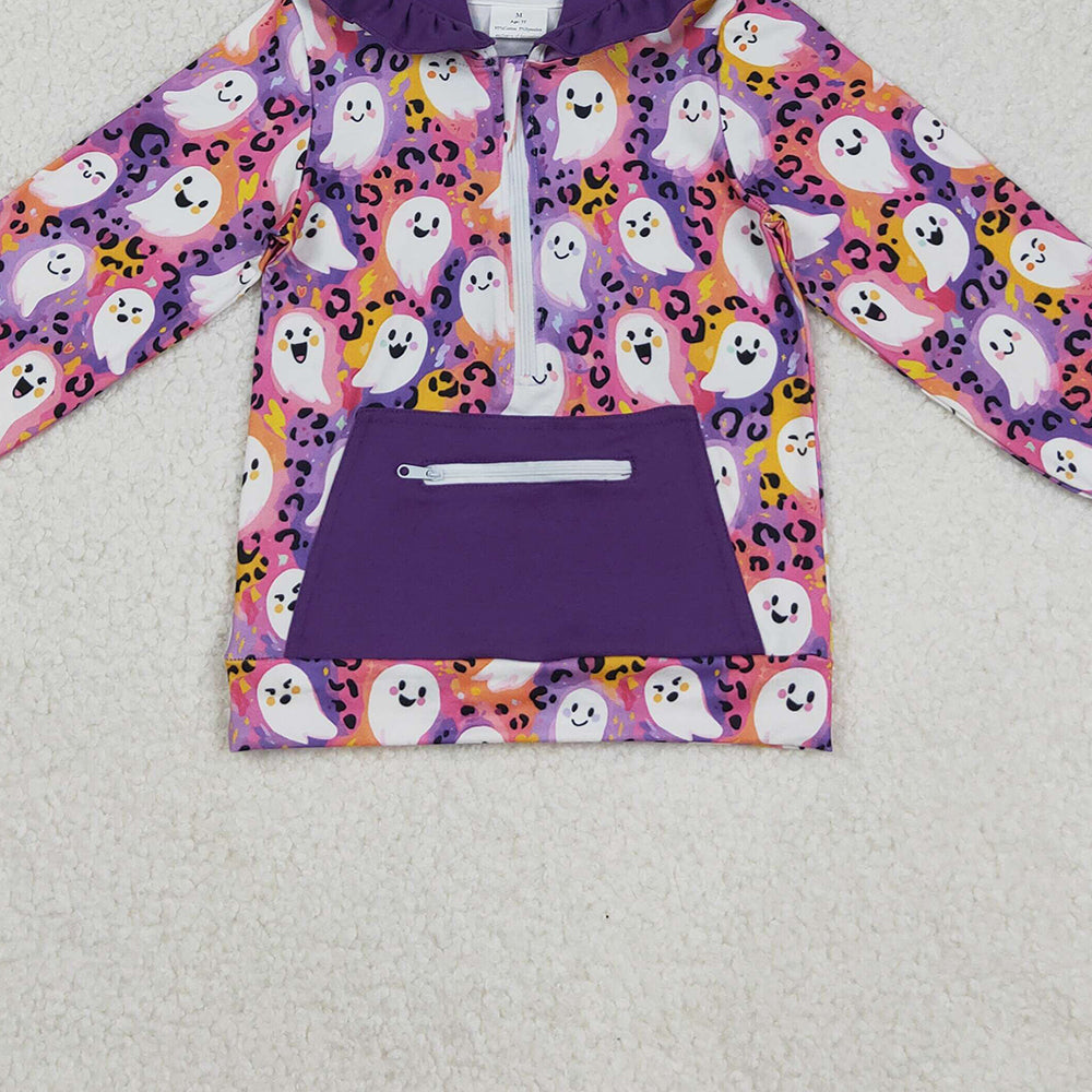 RTS NO MOQ (In stock)GT1155 Baby Girls Long Sleeve Tops Leopard Ghost Halloween Zipper Hoodie - Pocket Detail Top for Halloween
