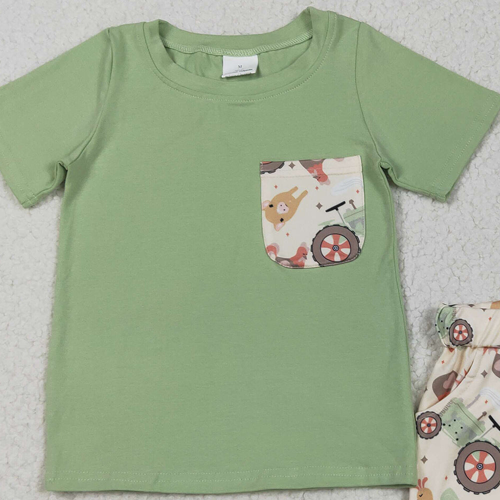 7.14 BSSO1460RTS NO MOQ Baby Boys Summer Boys Outfits Baby Boys Pocket Top Chicks Pigs Short Farm Set