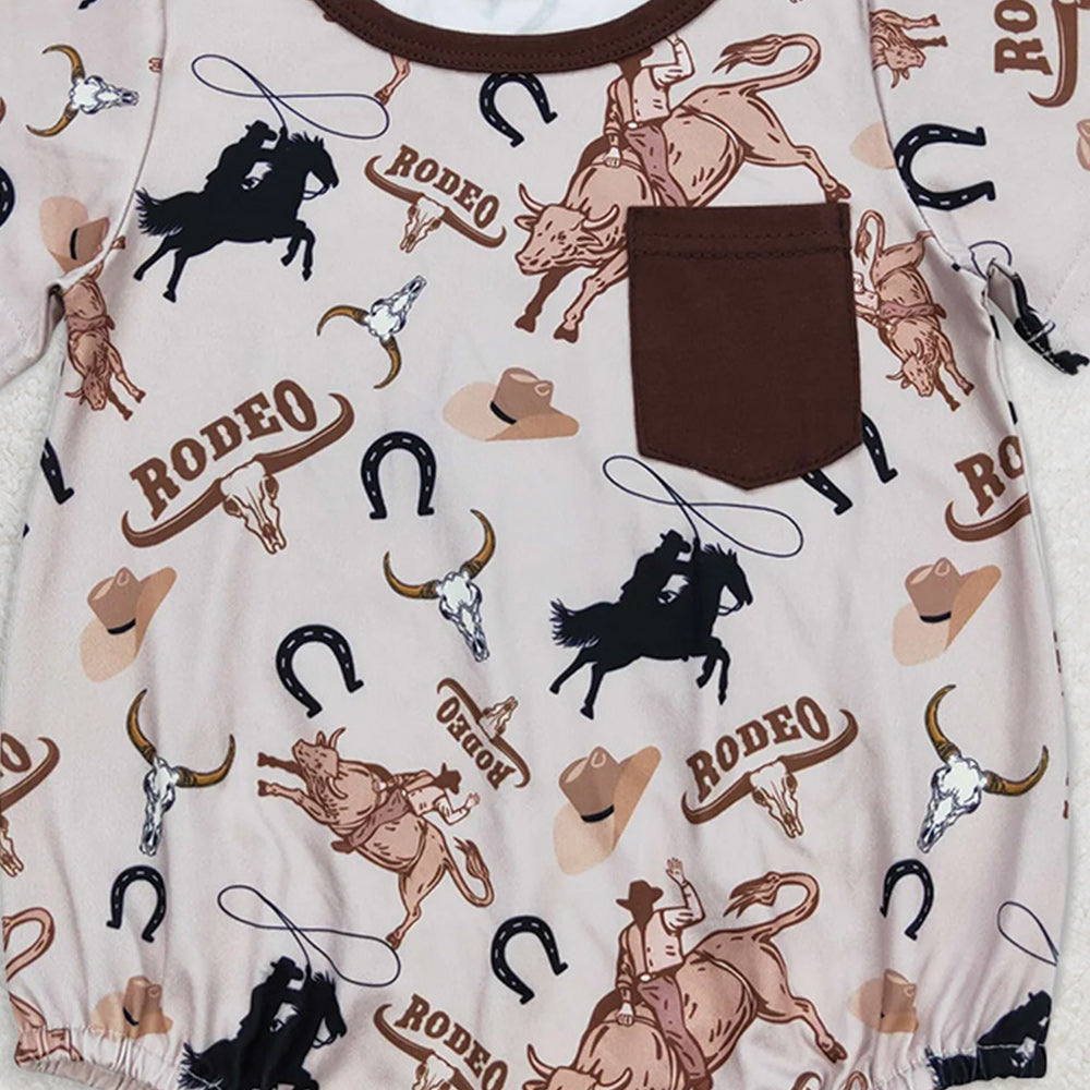 8.25 SR1358RTS NO MOQ Baby Boys Summer Romper rodeo riding brown pocket short sleeve jumpsuit