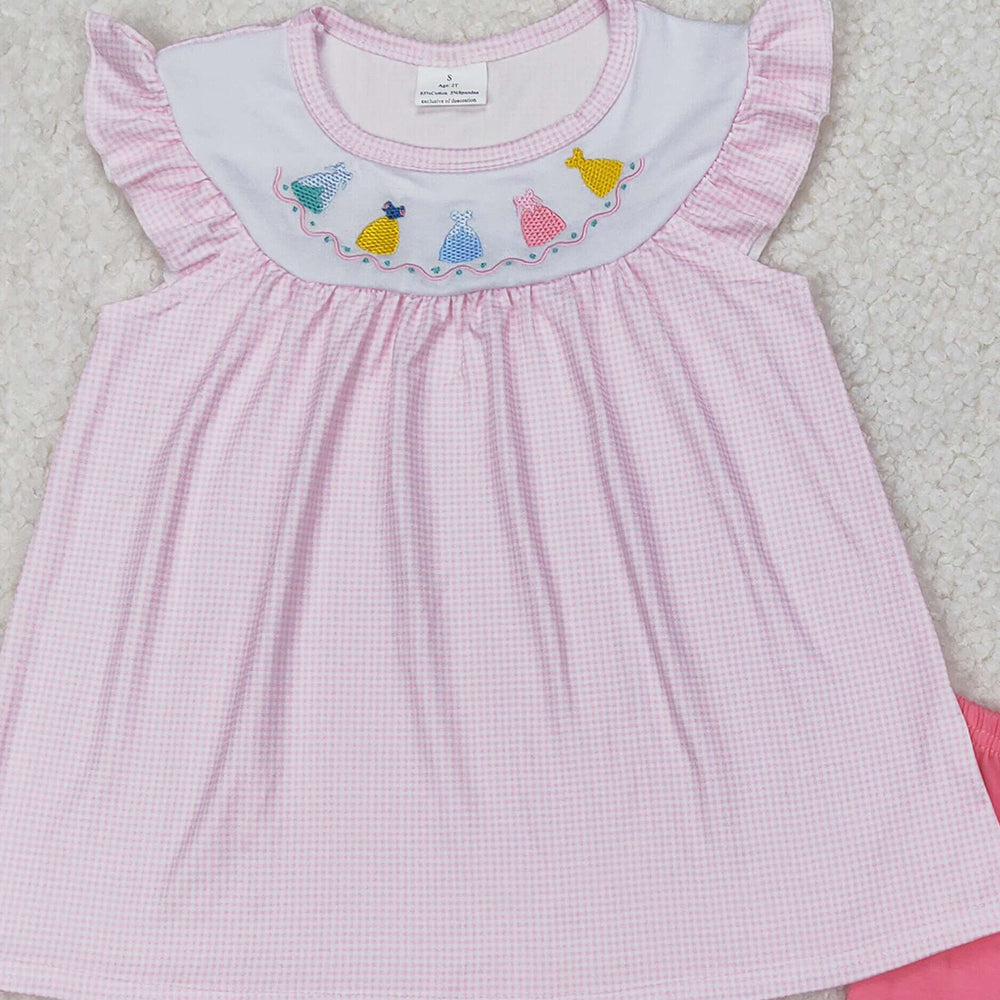 6.13 GSSO2125 RTS NO MOQ Baby Girls Summer Outfits Baby Girls Pink Flutter Sleeves Dresses Tunic Ruffle Shorts Set
