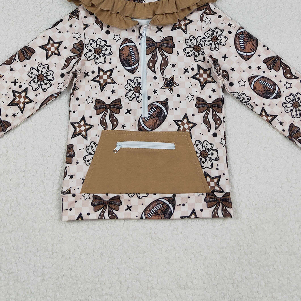 9.27 RTS NO MOQ (In stock)GT1152 Baby Girls Long Sleeve Tops Baby Girls Football Flowers Checked Pocket Zipper Team Ruffle Hoodies Top