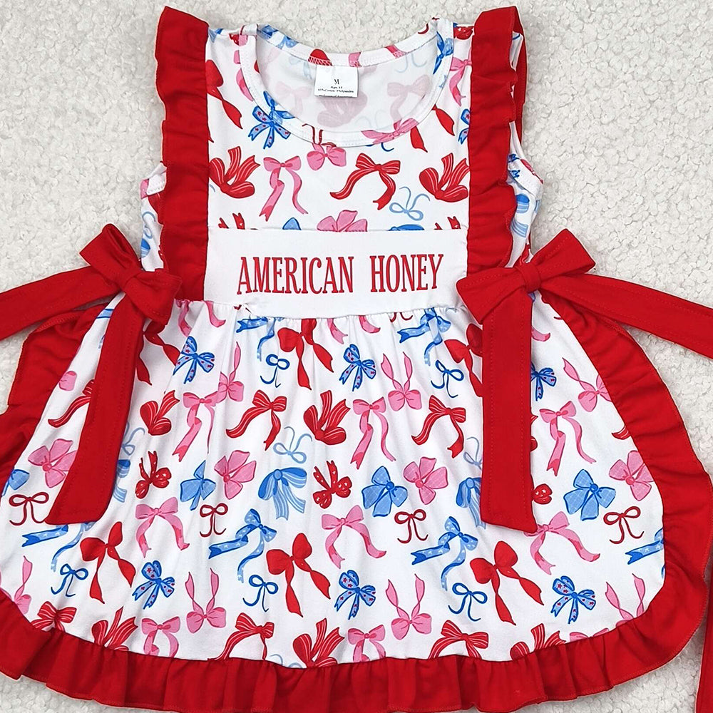 5.17 GSSO2538 RTS NO MOQ Baby Girls Summer Outfits Baby Girls American Honey Red Blue Bows Tunic Ruffle Short 4th Of July Set
