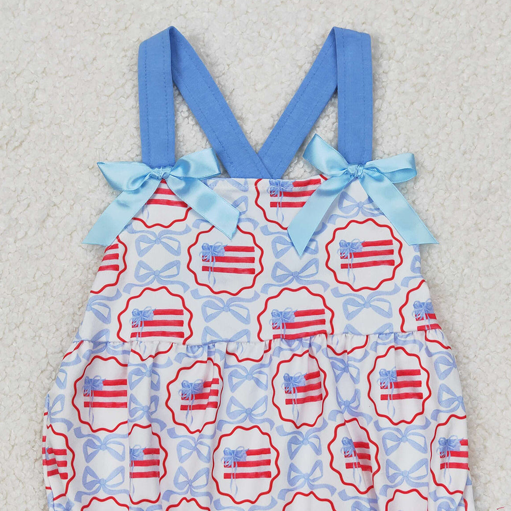 4.24 SR2691 RTS NO MOQ Blue straps bow flag baby girls 4th of july romper