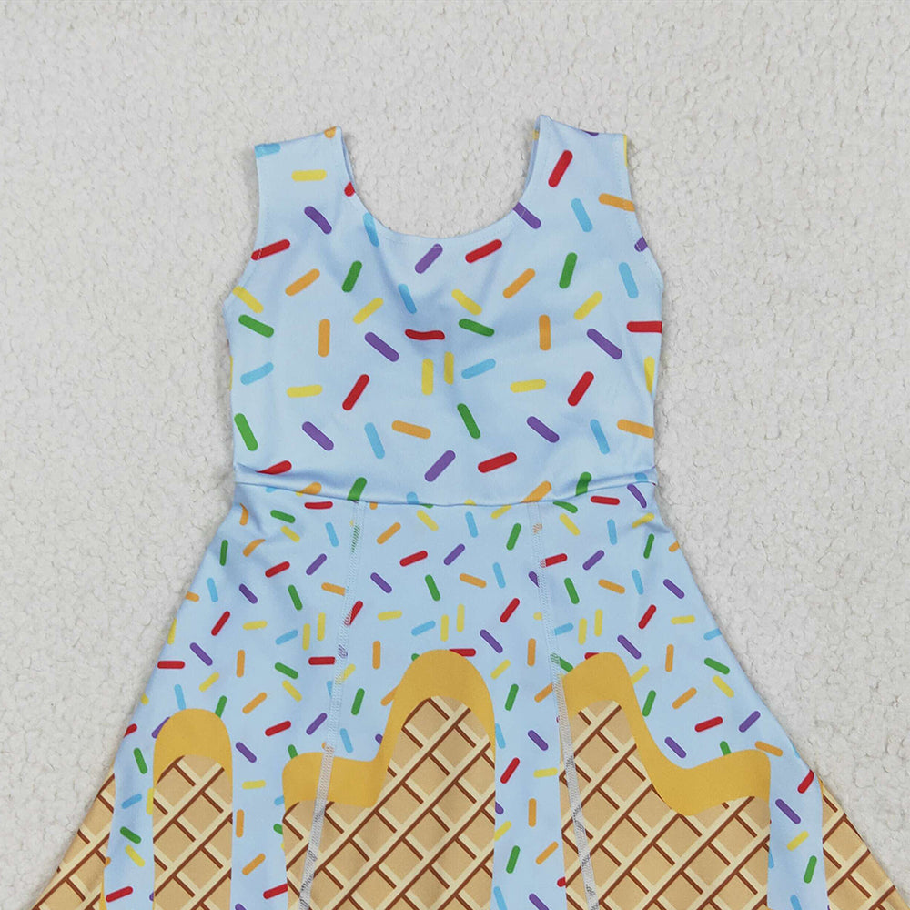 7.14 GSD2415RTS NO MOQ Baby Girls Summer Yoga Dress Baby Girls Blue Ice-cream Drip Yoga Skort Knee Length Dresses