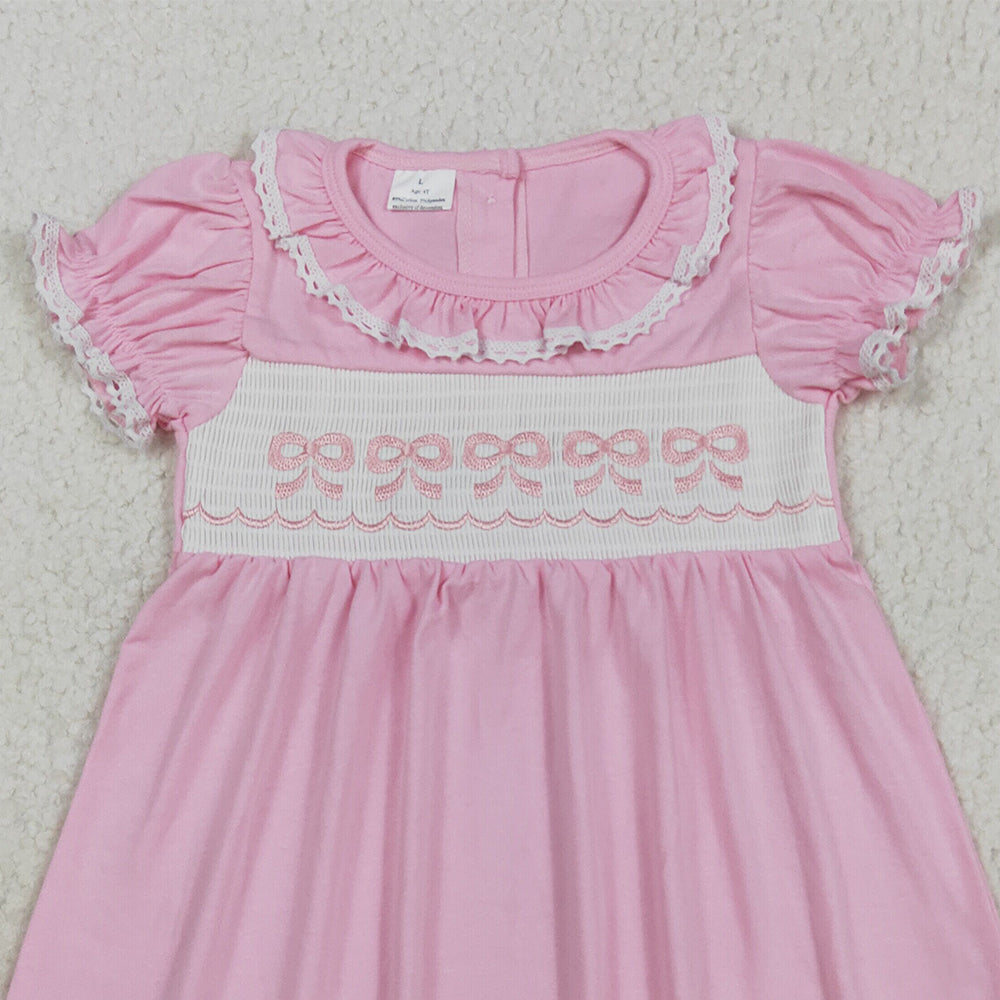 8.22 RTS NO MOQ (In stock)GSD2718Baby Girls Summer Dress Baby Girls Ruffle Sleeves Embroidery Bows Knee Length Dresses