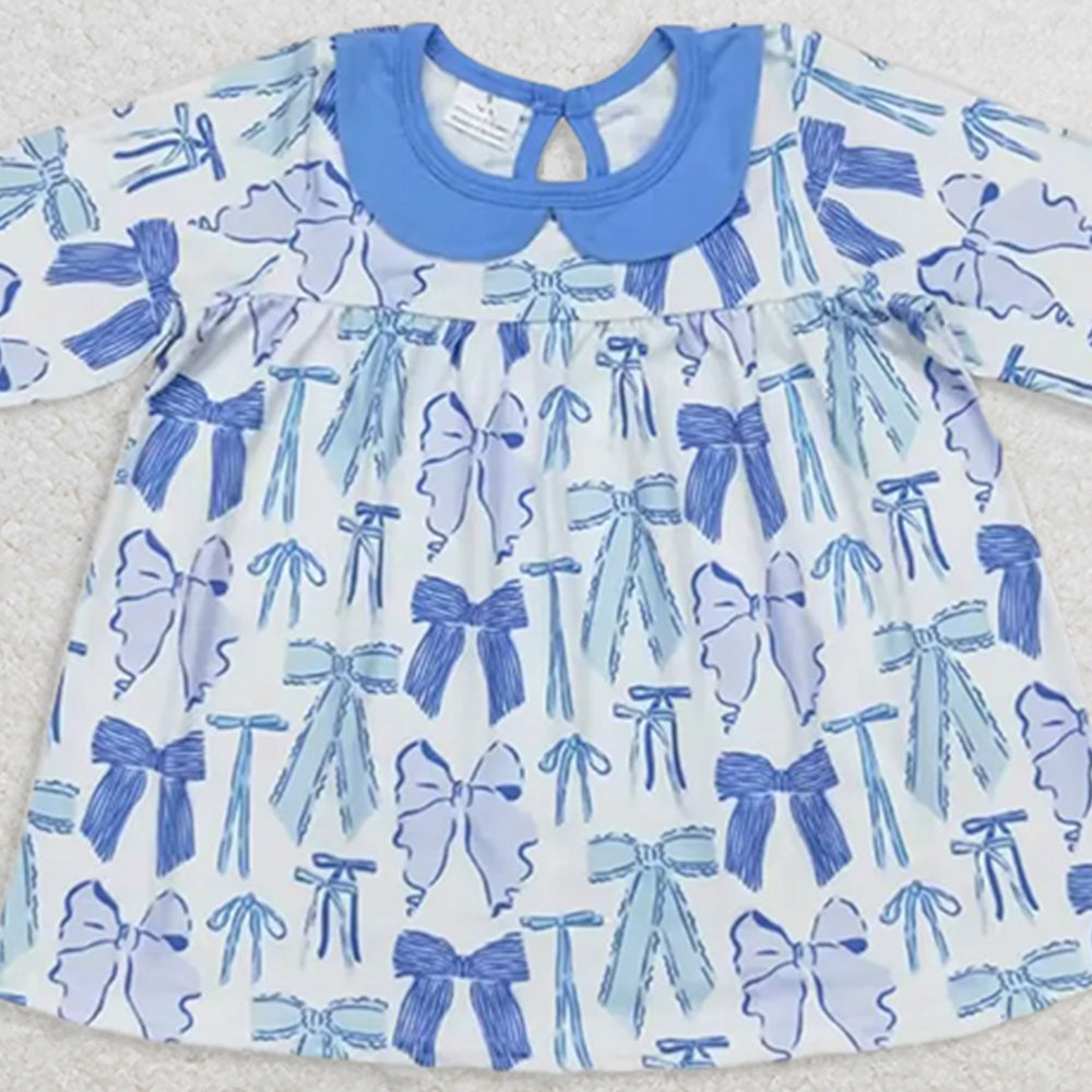 USA Shop (in stock)GT0666 RTS NO MOQ Baby Girls Winter Dress Baby Girls Blue Bows Collar Knee Length Dresses