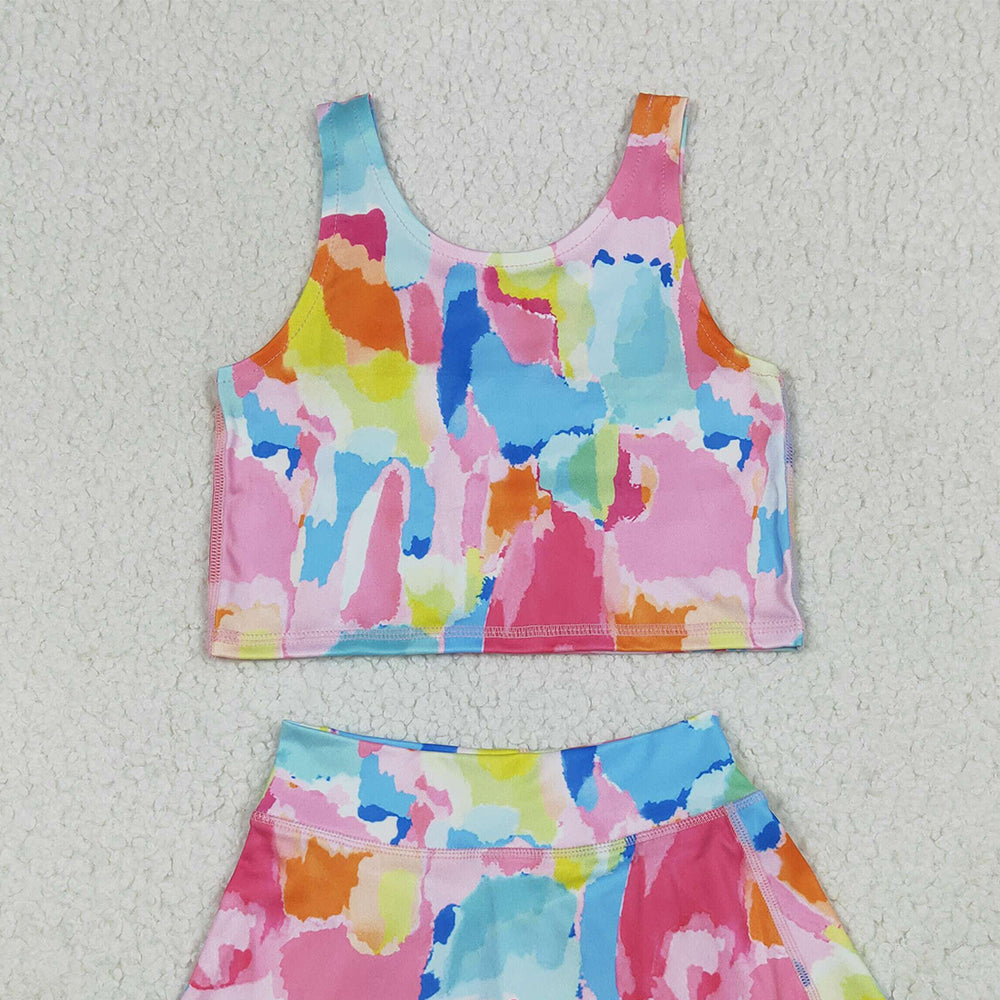 8.15 GSD2625 RTS NO MOQ Baby Girls Yoga Outfits Baby Girls Sleeveless Watercolor Camo Vest Top Short Skirts Yoga Set