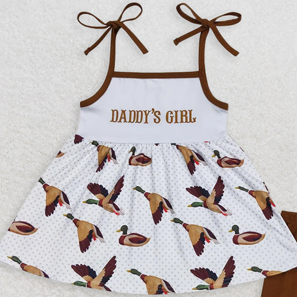 GSSO0807RTS NO MOQ Baby Girls Summer Outfits Daddy's girl embroidered letter duck suspenders brown shorts suit