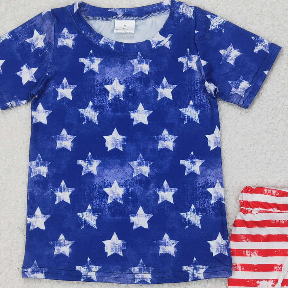 6.16 BSSO1405 RTS NO MOQ Baby Boys Summer Boys Outfits Blue stars top stripe shorts boys 4th of july outfits