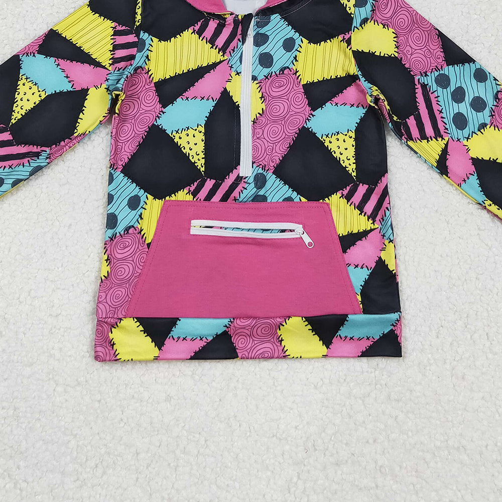 RTS NO MOQ (In stock)GT1137 Baby Girls Long Sleeve Tops Baby Girls Colorful Aztec Pocket Zipper Western Hoodies