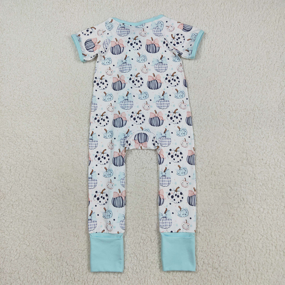 RTS NO MOQ (In stock)SR3109 Baby Girls Winter Rompers Baby Infant Girls Blue Bows Pumpkins Fall Zipper Footie Rompers